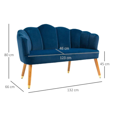 Rootz 2-seater Sofa - Retro Design - Wooden Legs - Velvet Touch - Dark Blue - 132 cm x 66 cm x 80 cm