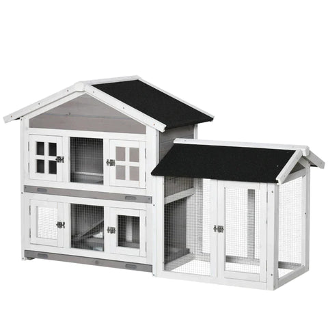 Rootz Konijnenhok - Knaagdierenhok - 2 niveaus - Dennenhout - Buiten Binnen Kooi voor kleine dieren - Verwijderbare vloerbak - Grijs + Zwart + Wit - 150 x 55 x 91 cm