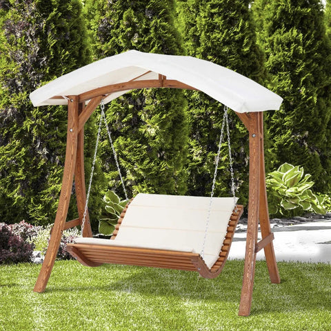 Rootz Swing Lounge - Hollywoodliege - Für 2 Personen - Gartenliege - Entspannungsliege - Doppelliege - Doppel-Sonnenliege - Mit Dach - Mit Sonnendach - Kiefernholz - Natur - 189,5 x 162 x 216 cm