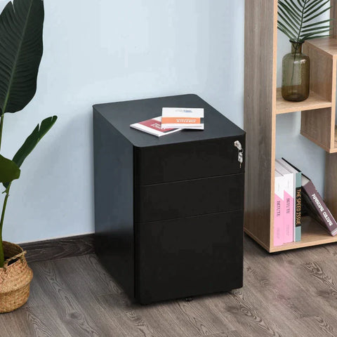 Rootz File Cabinet - Rolling Container - Office Container - 3 Drawers - Steel Metal - Home - Office - Black