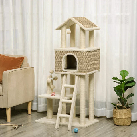 Rootz Krabpaal - Met Kattenhol - Kattenhuis - Kattenkooi - Kattenmeubel - Kaki/Beige/Koffie - 69L x 40B x 131H cm