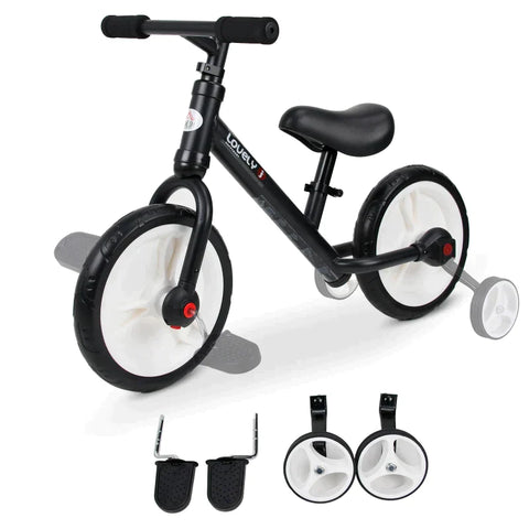 Rootz Children's Balance Bike - Learner Bike - Children's Bike With Training Wheels And Pedals - Seat Height Adjustable - Black