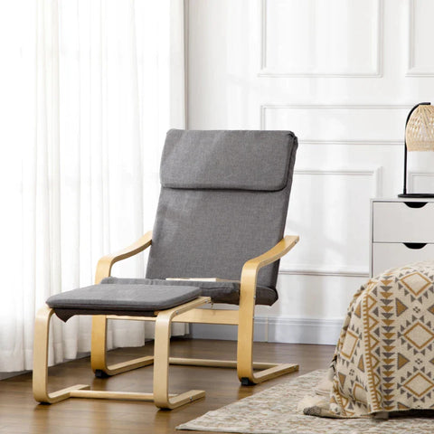 Rootz Armchair with Footstool - Armchair Set - Relaxation chair - Linen Look - Solid Wood - Gray + Natural - 66.5W x 80D x 99H cm