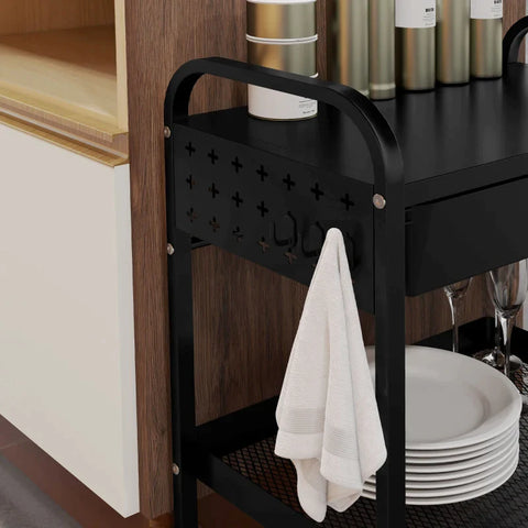 Rootz Kitchen Trolley - 1 Drawer - Side Hooks - 1 Shelf - 4 Wheels - Small Basket - Multi-purpose Trolley - Plastic+steel - Black - 61L x 32.6W x 58.5Hcm
