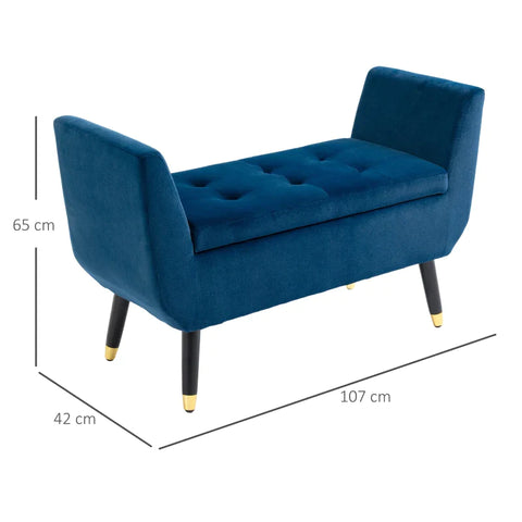 Rootz Luxury Bench - Upholstered Bench with Storage Space - Armrests - Chest Bench - Velvety - Polyester - Rubber Wood - Blue - 107 x 42 x 65 cm