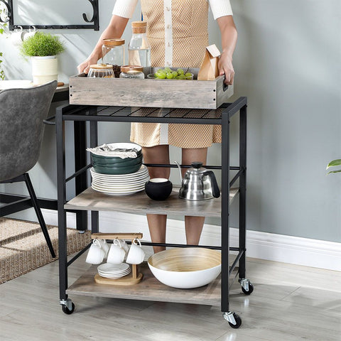 Rootz Kitchen Trolley - Kitchen Cart - Rolling Kitchen Trolley - Portable Kitchen Trolley - Kitchen Trolley With Wheels - Mobile Kitchen Trolley - Multi-tier Kitchen Trolley - Griege Black - 65 x 40 x 86 cm (L x W x H)
