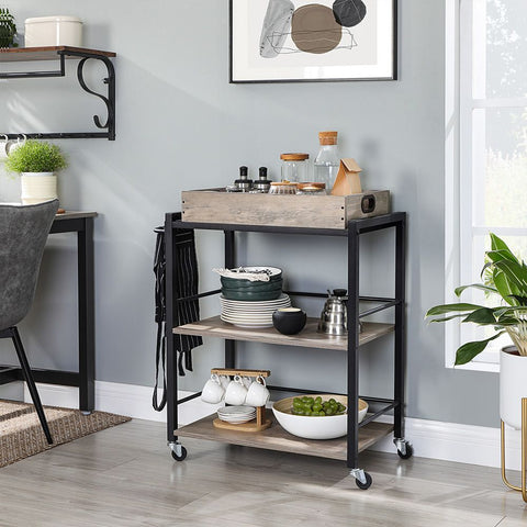 Rootz Kitchen Trolley - Kitchen Cart - Rolling Kitchen Trolley - Portable Kitchen Trolley - Kitchen Trolley With Wheels - Mobile Kitchen Trolley - Multi-tier Kitchen Trolley - Griege Black - 65 x 40 x 86 cm (L x W x H)