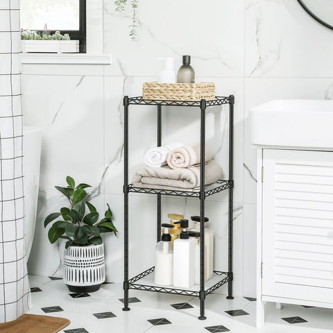 Rootz Bathroom Shelf - Bathroom Rack - 3-Tier Metal Shelf - Corner Bathroom Shelf - Powder-Coated Metal - Black - 30 x 30 x 73 cm