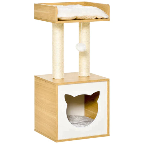 Rootz Cat Nest - Scratching Post - Cat Cave - 2 Soft Cushions Cat Tree With Bed - Cat Scratching Post - Nature - 35 x 35 x 81 cm