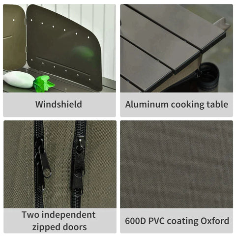 Rootz Camping Cupboard - Foldable Camping Kitchen Storage - Carrying Bag - 6 Shelves for BBQ Party - Steel - Oxford Fabric - Green - 57 x 94 x 109 cm