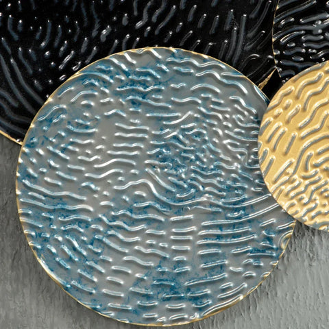 Rootz Metal Wall Decor - 3D Wall Art with Circles - Wall Decoration - Gold + Blue + Black - 121cm x 4cm x 53 cm