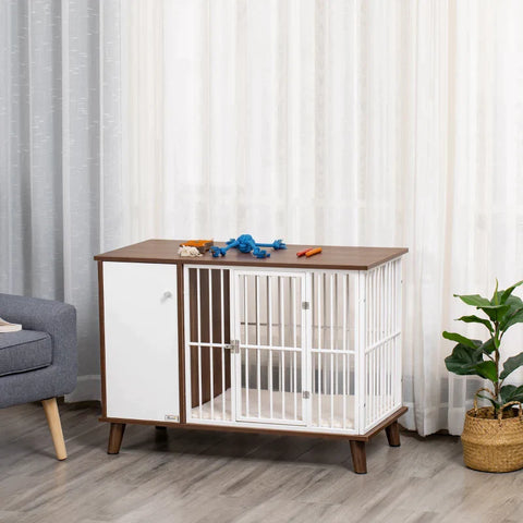 Rootz hondenkooi - hondenkooi met kast - dierenkennelkooi - bovenste eindtafel met zacht kussen - afsluitbare deur - hout - staal - bruin + wit - 98cm x 48cm x 70,5cm