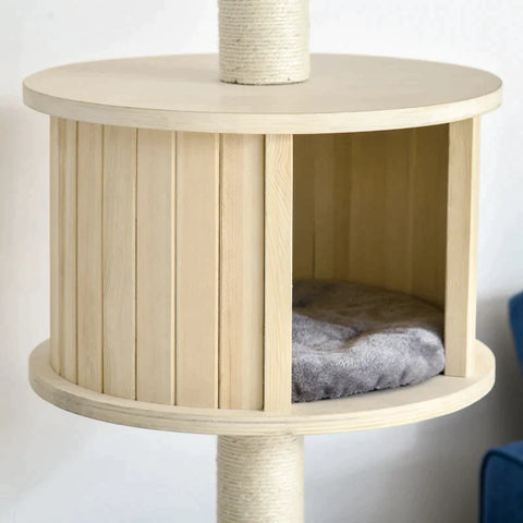 Rootz Krabpaal - Krabpaal - Klimboom voor hoog plafond - Houten kattengrot - Sisal pluche - In hoogte verstelbaar - Grijs - 50 x 50 x 232-252 cm