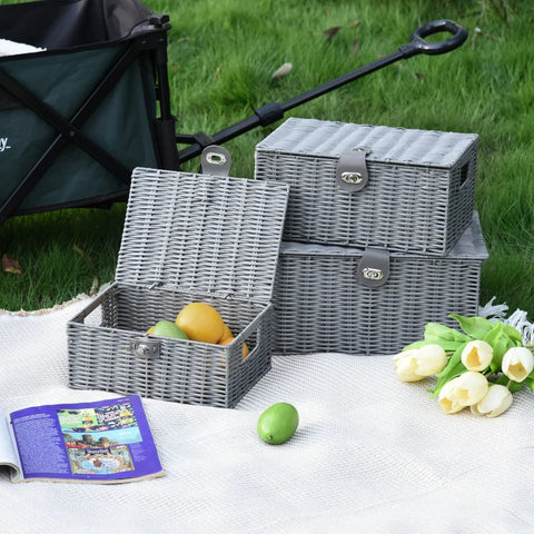 Rootz Storage Baskets - Set Of 3 Storage Baskets - Made Of PE Rattan - With Closure - Carrying Handles - Grey - 35.5 cm x 28.5 cm x 18 cm