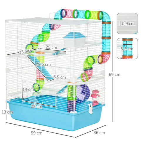 Rootz Small Animal Cage - Small Animal Hutch - Mouse Cage - With Ramp And Running Wheel - Pets Cage - Steel Wire/Plastic/PS - Light Blue/White - 59 x 36 x 69 cm