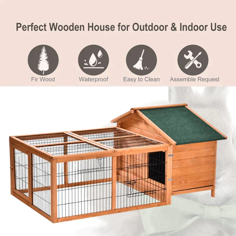 Rootz Small Animal Hutch - Wooden Rabbit Hutch - Rabbit Cage - Pet House - Openable Run & Roof Slide-out Tray - 58" x 37" x 27"