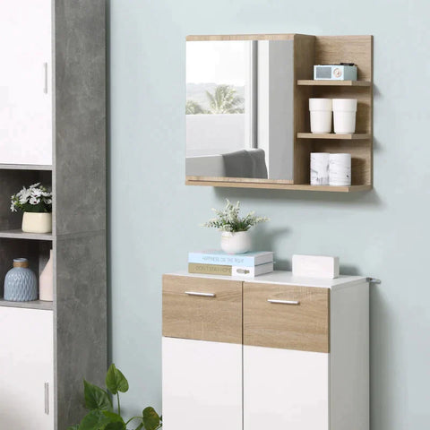 Rootz Mirror Cabinet - Mirror Door Cabinet With 5 Shelves - Chipboard - Glass - Natural - 60cm x 18cm x 50cm