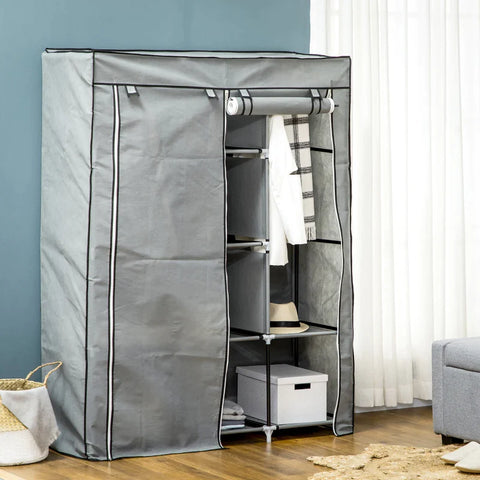 Rootz Storage Cabinets - Fabric Closet - Non-woven Fabric - Laundry Room - Storage Solution - 8 Shelves - 2 Clothes - Rails - Plastic - Light gray - 125L x 43W x 162.5H cm