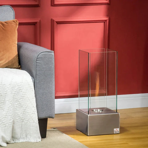 Rootz Ethanol Fireplace - Freestanding - Stainless Steel + Tempered Glass - Silver - 25 x 25 x 60cm