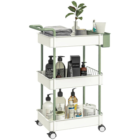 Rootz Trolley - 3 Levels - Hanging Basket - Push Handle - 4 Wheels - Metal Frame - Plastic+steel - White+green - 50 x 29.4 x 77cm