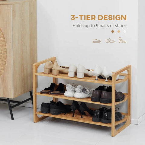 Rootz 3-tier Shoe Rack - Bamboo Shoe - Storage Organizer - Slatted Shelves - Free Standing Shoe - Raised Edges - Shelf Stand - 9 Pairs Of Shoes - Entryway - Hallway - Natural - 76 x 33 x 51 cm