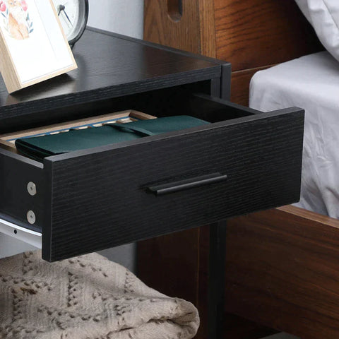 Rootz Bedside Table - End Table -  Industrial Design - 1 Drawer - Steel - Engineered Wood - Black - 45 cm x 30 cm x 55 cm