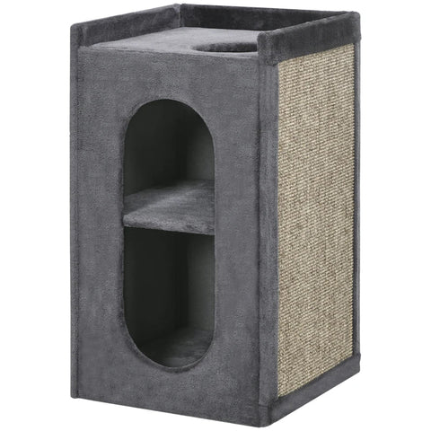 Rootz Scratching Barrel With 2 Cat Caves - Cat Tower - 1 Lying Surface - Sisal Scratching Mat - Plush - Chipboard - Gray + Natural - 45L x 45W x 81H cm