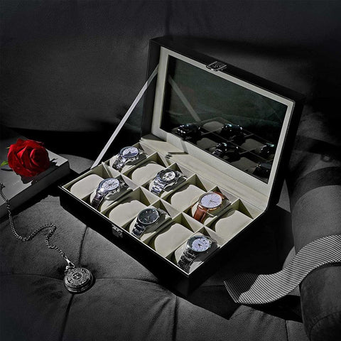 Rootz Watch Box - Watch Box With 12 Compartments - Glass-top Watch Organizer - Display Case For Watches - MDF - Velvet - PU - Glass - Black Cover + Beige Velvet Lining - 30.1 x 20.2 x 7.8 cm (L x W x H)