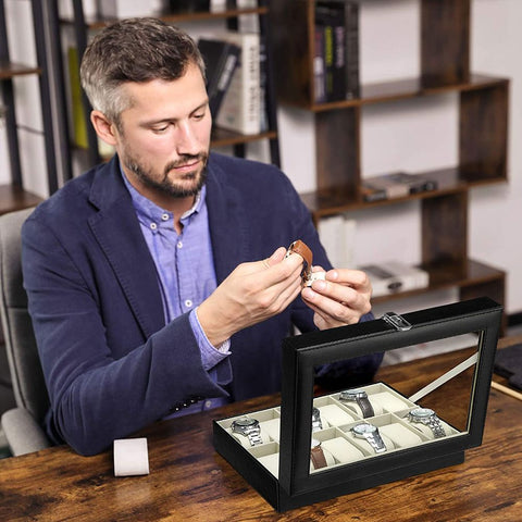 Rootz Watch Box - Watch Box With 12 Compartments - Glass-top Watch Organizer - Display Case For Watches - MDF - Velvet - PU - Glass - Black Cover + Beige Velvet Lining - 30.1 x 20.2 x 7.8 cm (L x W x H)