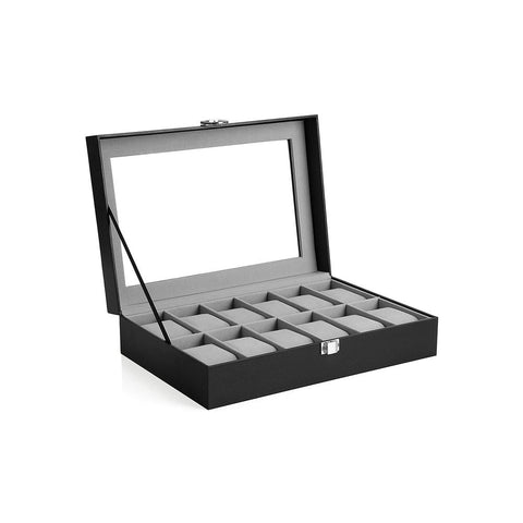 Rootz Watch Box - With Glass Lid And Lock - Glass-top Watch Organizer - Display Case For Watches - MDF - Velvet - PU - Glass - Black - 32 x 18.6 x 8.5 cm (L x W x H)