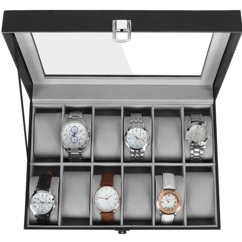 Rootz Watch Box - With Glass Lid And Lock - Glass-top Watch Organizer - Display Case For Watches - MDF - Velvet - PU - Glass - Black - 32 x 18.6 x 8.5 cm (L x W x H)