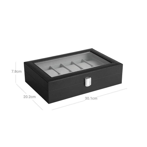 Rootz Watch Box - With Glass Lid And Lock - Glass-top Watch Organizer - Display Case For Watches - MDF - Velvet - PU - Glass - Black - 32 x 18.6 x 8.5 cm (L x W x H)