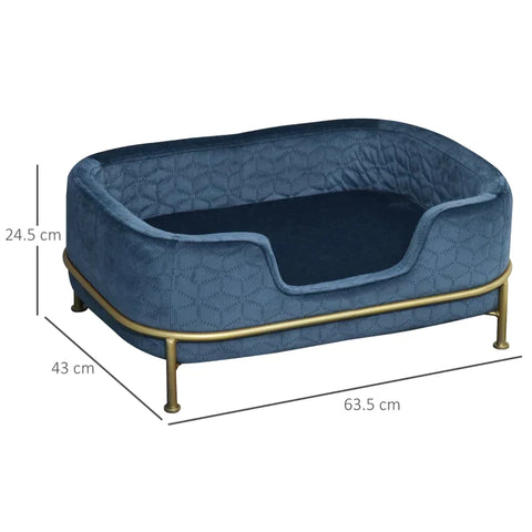 Rootz Dog Sofa - Dog Sofa with Backrest - Pet Sofa with Metal Legs - Dog Bed - Soft Cover - Cat Sofa - Metal - Blue + Gold - 63.5 x 43 x 24.5 cm