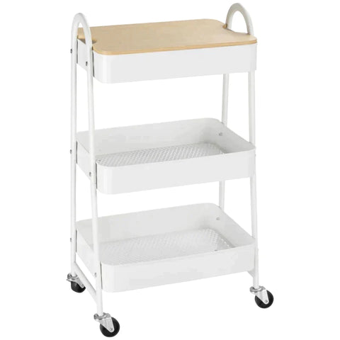 Rootz Kitchen Trolley - Trolley - 3 Shelves Trolley - With 3 Basket Shelves - Steel/PP Plastic - White - 45 x 31 x 79.4 cm