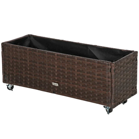 Rootz Raised Bed - Rattan Garden Bed - Flower Box - Poly Rattan with Wheels - Planter with Drainage Holes - Coffee Brown - 94.5 x 31 x 36 cm