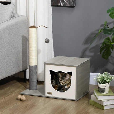 Rootz Scratching Post - Cat House - Cat Cave - With Toy Ball - Washable Cushion - Grey - 59 x 34 x 65cm