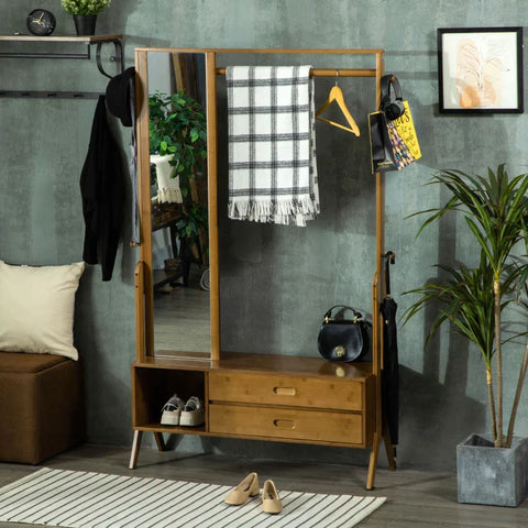 Rootz Kapstok - Kapstok Met 2 Laden - 1 Spiegel - 1 Kledingstang - 1 Schoenenbank - Bamboe - 113 cm x 33 cm x 169,5 cm