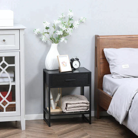 Rootz Bedside Table - End Table -  Industrial Design - 1 Drawer - Steel - Engineered Wood - Black - 45 cm x 30 cm x 55 cm