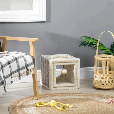 Rootz Cat Tunnel - 2 Cat Caves - Cat Bed - Scratch Pads And Ball Toy - Chipboard/Fluff/Sisal - Brown/Beige - 98cm x 30cm x 30cm