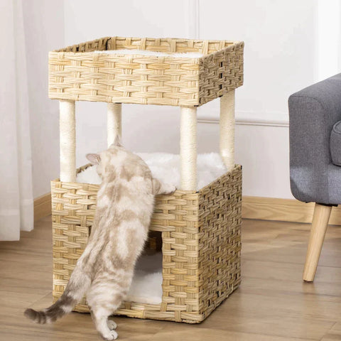 Rootz Cat Cave - Cat Basket With Scratching Post - 3-story Cat Bed - Cat Tower With 3 Cushions - Sun Roof - Sisal - Natural - 40 x 40 x 70 cm