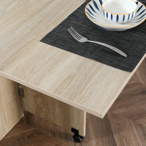Rootz Eettafel - Opklapbare Eettafel Met Wielen - Bureau - Bijzettafel - Tafel Met Opbergruimte - Hout - Naturel - 80 x 140 x 74 cm