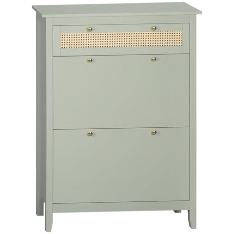 Rootz Shoe Cabinet - Shoe Chest - 2 Tilting Drawers - Stripes In Rattan Look - Anti-tip - MDF/Plastic Rattan - Green - 88 x 30 x 120cm