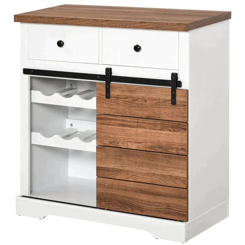 Rootz Kitchen Cabinet - Sideboard With 2 Drawers - Wine Rack - Sliding Door - Chest Of Drawers - Adjustable Shelves - Storage Cabinet - Rustic White - 80 x 39 x 86 cm
