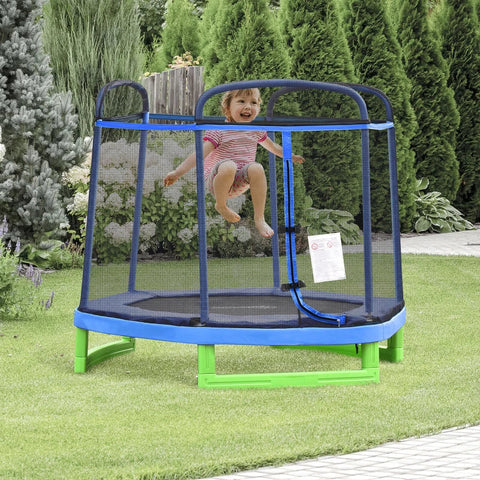 Rootz Kindertrampolin – Kindertrampolin mit Sicherheitsnetz – Kleinkindtrampolin für drinnen und draußen – Fitnesstrampolin – Gartentrampolin – Blau/Grün – 215 x 200 x 190 cm