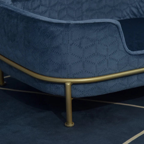 Rootz Dog Sofa - Dog Sofa with Backrest - Pet Sofa with Metal Legs - Dog Bed - Soft Cover - Cat Sofa - Metal - Blue + Gold - 63.5 x 43 x 24.5 cm
