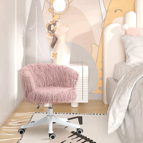Rootz Office Chair - Boho Style Office Chair - Pink Plush - 360 Degree Swivel - Height Adjustable - Pink + White - 60W x 59D x 68-76H cm