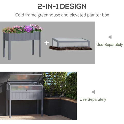 Rootz - Raised Greenhouse - Elevated Greenhouse - 2-in-1 Wood Greenhouse - With Elevated Garden Box - Raised Bed - Openable Top For Flowers - Grey - 120 x 54 x 112/122 cm