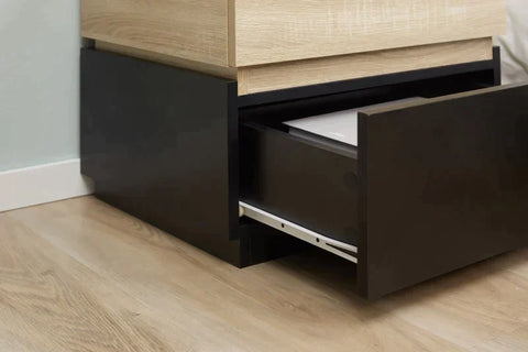 Rootz Bedside Table - Coffee Table With Drawer - Black + Natural - 50 cm x 4 cm x 47.5 cm