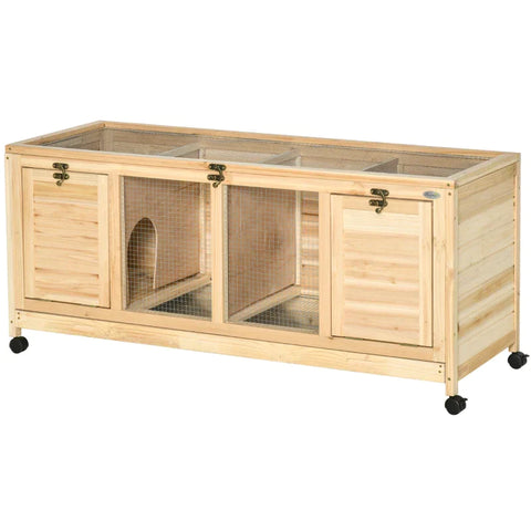 Rootz Kleindierhok - Konijnenhok - Dierenhok - Dierenkooien - 4 Rollen - Dennenhout/Staal - Naturel - 138L x 53B x 61H cm