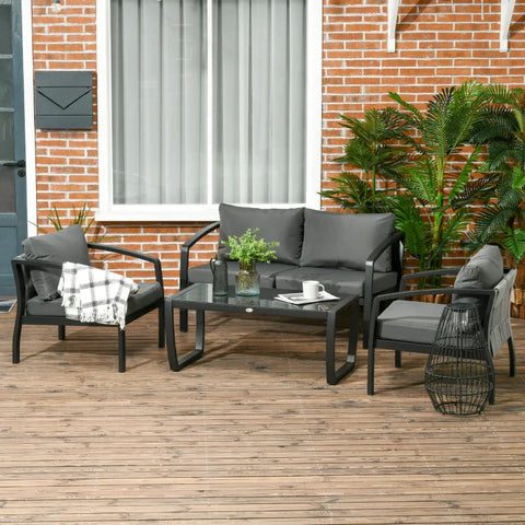 Rootz Garden Furniture Set - for 4 Persons - 1 Glass Table - 1 Sofa - 2 Armchairs - Weather Resistant - Gray + Black - 123L x 68.5W x 61H cm